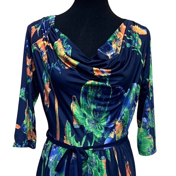 Gilli Large Tropical Floral Swoop Neck 3/4 Sleeve Midi Stretchy Body Con Dress - Picture 2 of 5